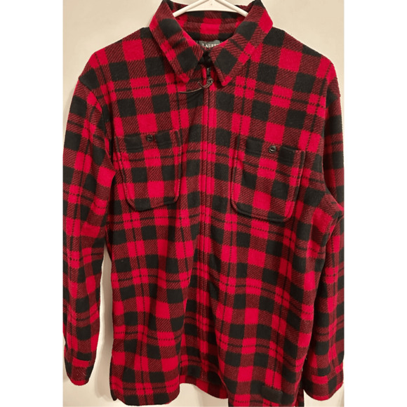 Lauren Ralph Lauren Red Buffalo Plaid Full Zip Fleece Jacket Sz Small - Picture 2 of 8
